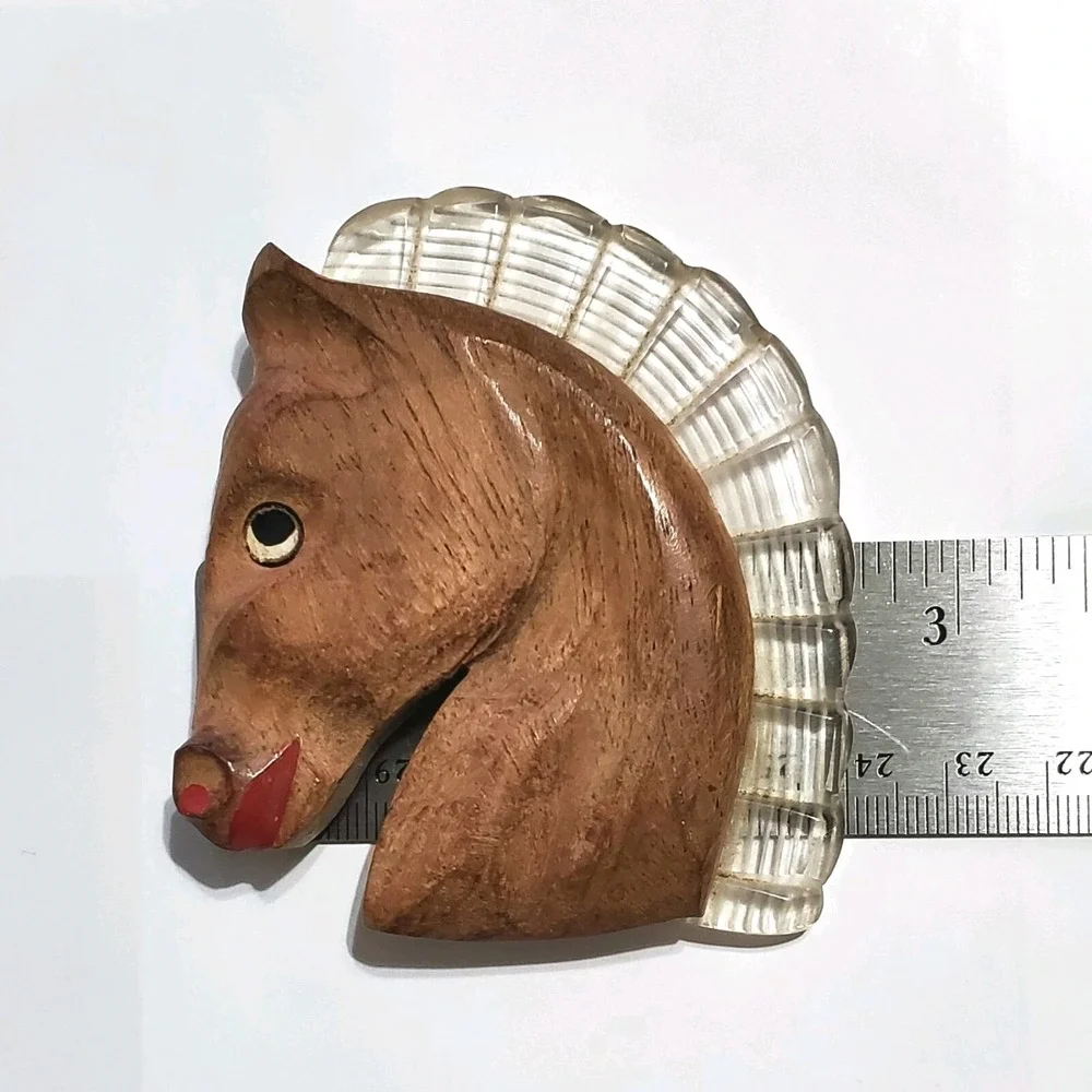 RARE Vintage Wood Horse Brooch Lucite Brooch Pin LARGE 3 1/8 x 2 3/4 inches